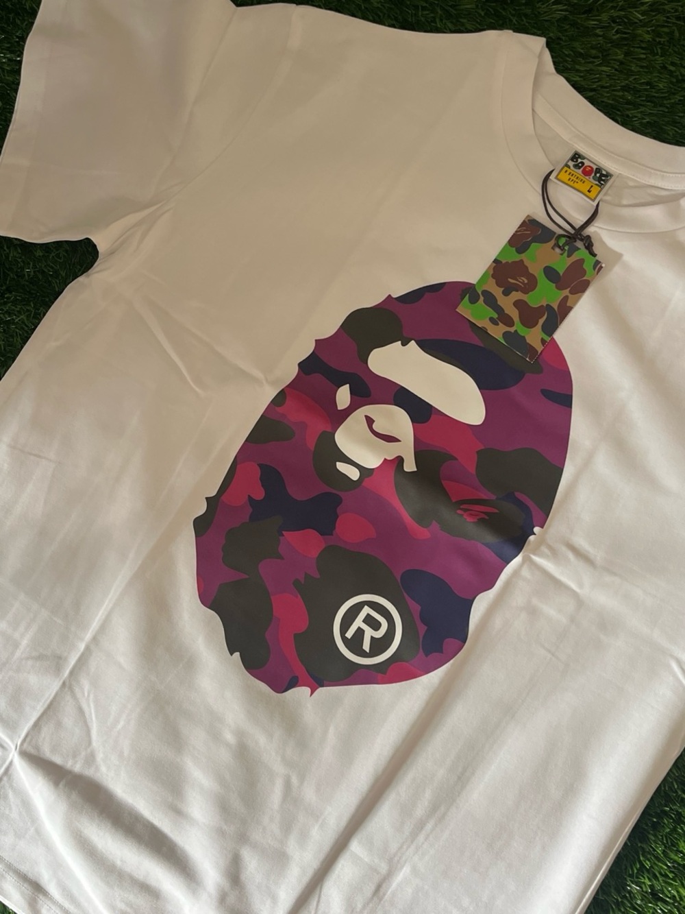 Bape White T-Shirt with Purple Camo Ape Graphic